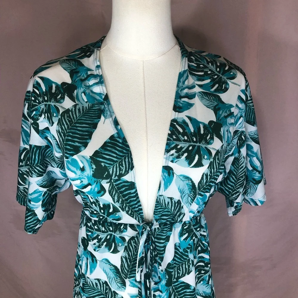 Swimsuit Cover-up Tropical Leaf Print Teal Tie-Front Size XS